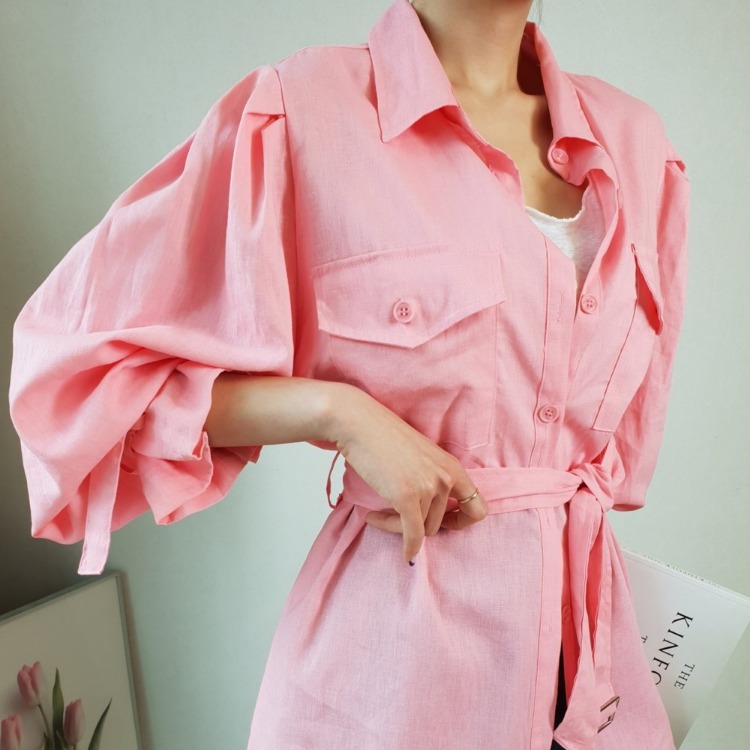[무배][핑크당일] 린넨 숄더퍼프라인 셔츠