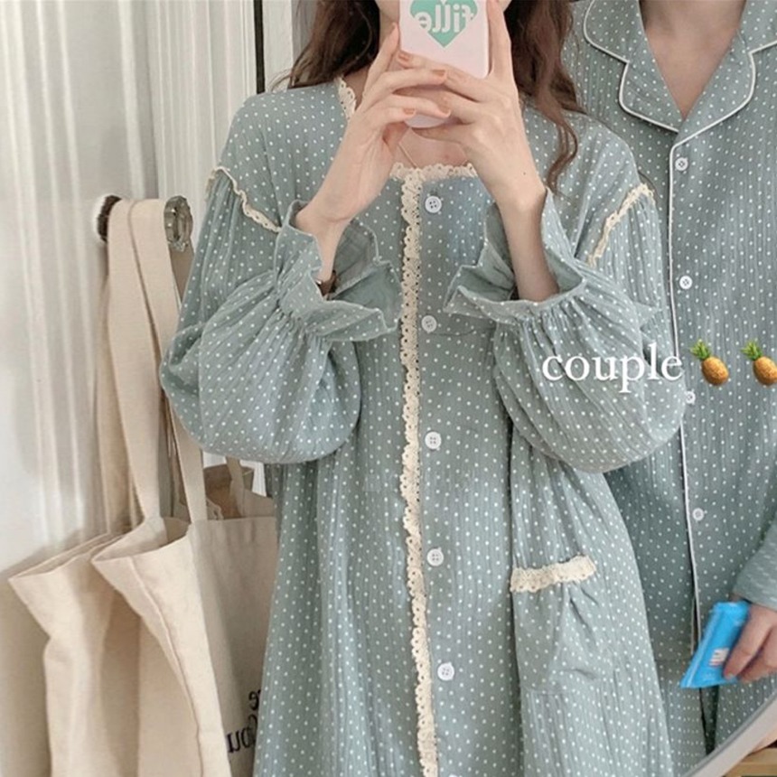 [무배]도트 잠옷 세트 커플 원피스 파자마 홈웨어 2타입 2color