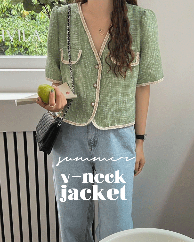 플랜비 배색 브이넥 싱글 노카라 여름 숏 자켓 3color