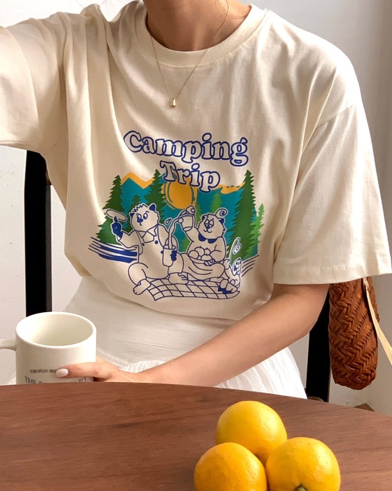 캠핑 트립 티셔츠 2col 베어 여름 반팔 데일리 라운드 캐주얼 나염 티 박시핏 루즈핏