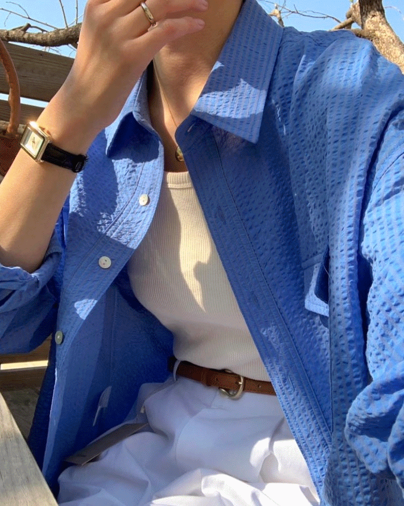 갈릭 시어서커 여름 긴팔 셔츠 2col 코튼 썸머 남방 살안타템 여자 루즈핏 박시핏 블루 베이지